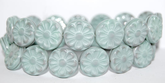 Flat Round With Flower Pressed Glass Beads, 47514 (47514), Glass, Czech Republic