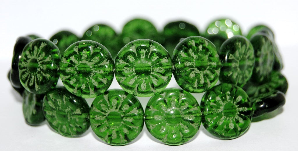 Flat Round With Flower Pressed Glass Beads, Transparent Green 55202 (50130 55202), Glass, Czech Republic