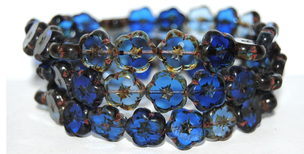 Table Cut Flower Beads, Blue Mixed Colors Travertin (Blue Mix 86800), Glass, Czech Republic