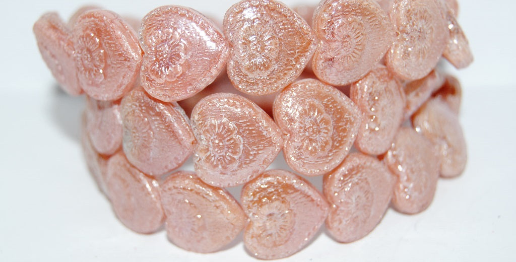 Heart With Flower Pressed Glass Beads, Opaque Pink Opaque Pink Hematite (74020 76028 14400), Glass, Czech Republic