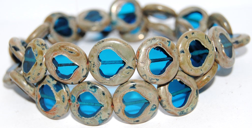 Table Cut Round Beads With Heart, Transparent Aqua 43400 (60050 43400), Glass, Czech Republic