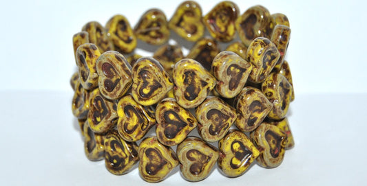 Heart With Heart Pressed Glass Beads, Yellow Travertin (83120 86800), Glass, Czech Republic