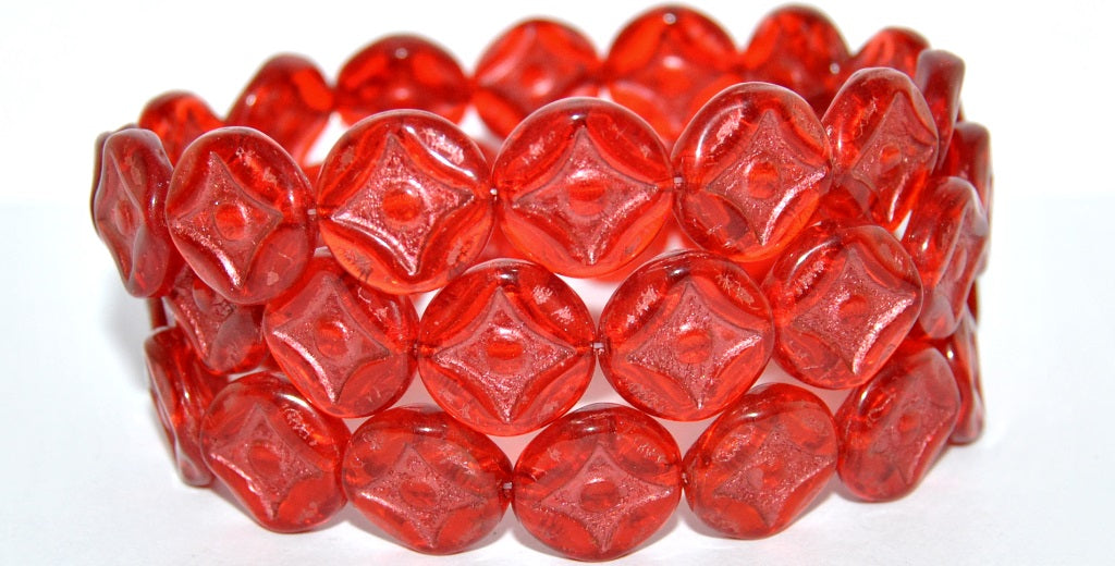 Flat Round With 4-Point Star Pressed Glass Beads, Light Siam 43806 Metalic (90070 43806 Metalic), Glass, Czech Republic
