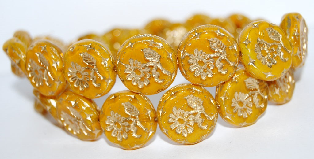 Round Flat With Flower Marguerite Pressed Glass Beads, (81220 54202), Glass, Czech Republic