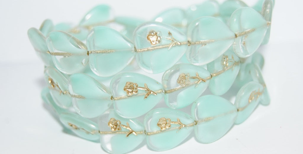 Heart Pressed Glass Beads With Flower, Teal 54202 (56218 54202), Glass, Czech Republic