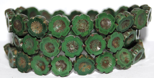 Table Cut Round Beads Hawaii Flowers, Opaque Green Travertin (53240 86800), Glass, Czech Republic