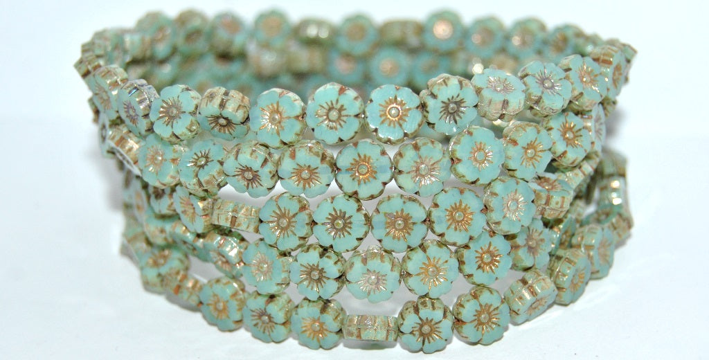 Table Cut Round Beads Hawaii Flowers, Opal Aqua 43400 (61010 43400), Glass, Czech Republic