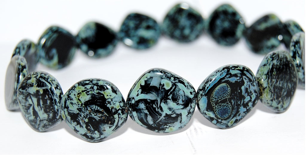 Flat Semi Round Pressed Glass Beads, Black Travertin (23980 86800), Glass, Czech Republic