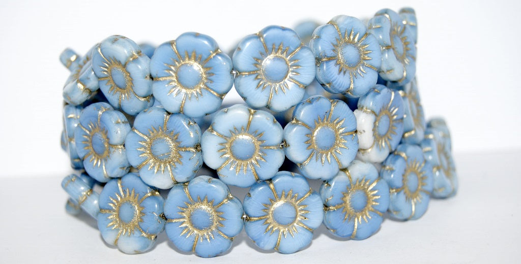 Round Flat Flower Pressed Glass Beads, (7624 54202), Glass, Czech Republic
