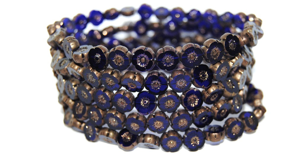 Table Cut Round Beads Hawaii Flowers, Transparent Blue Bronze Matte (30090 14415M), Glass, Czech Republic