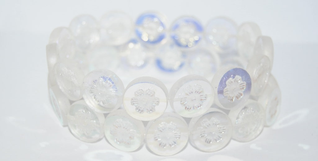 Table Cut Round Beads With Flower, Crystal Ab (30 Ab), Glass, Czech Republic