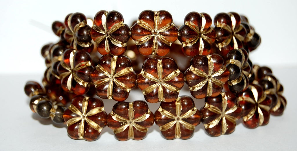 6-Petal Flower Pressed Glass Beads, Transparent Brown 54202 (10100 54202), Glass, Czech Republic