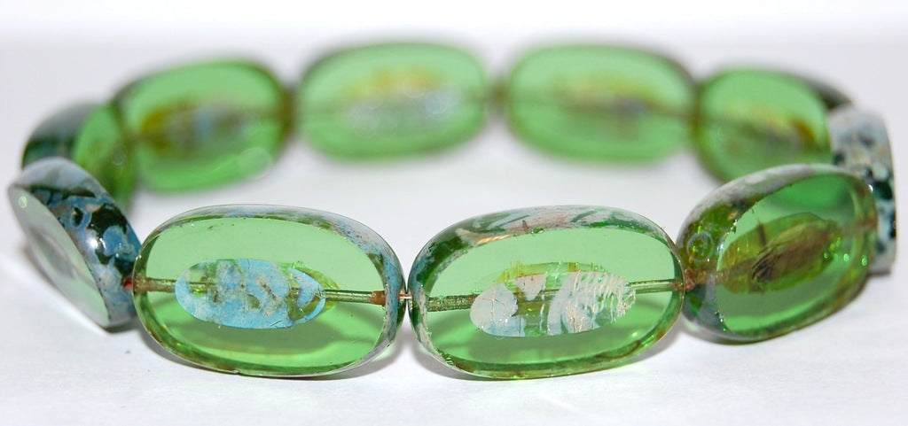 Table Cut Rounded Rectangle Oval Beads With Oval, Transparent Green 43400 (50420 43400), Glass, Czech Republic