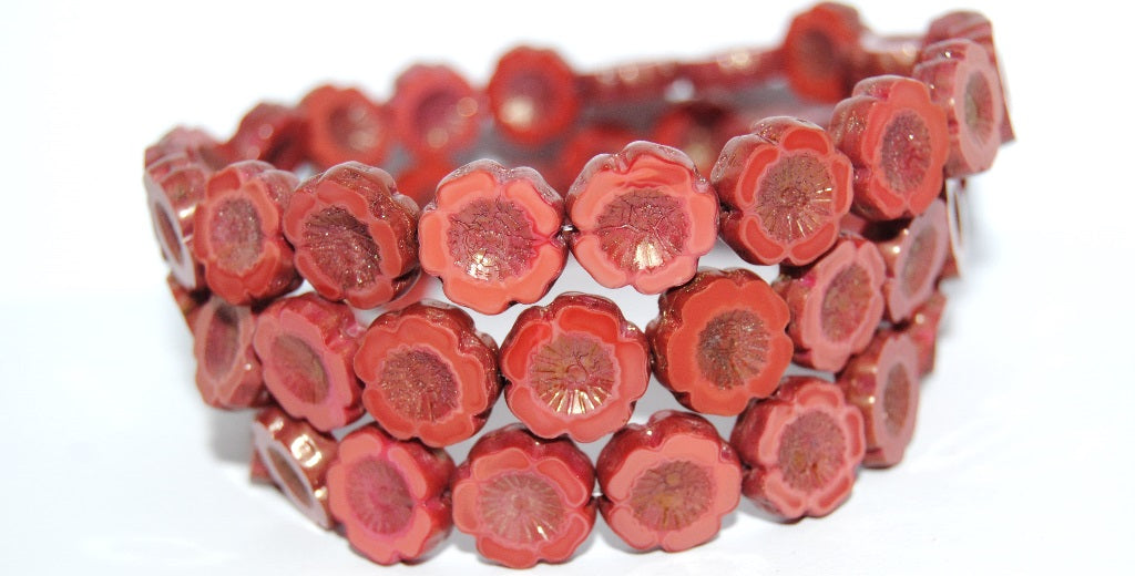 Table Cut Round Beads Hawaii Flowers, Opaque Red Bronze (93210 14415), Glass, Czech Republic