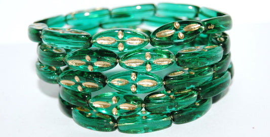 Boat Oval Pressed Glass Beads With Decor, Transparent Green Emerald 54202 (50150 54202), Glass, Czech Republic