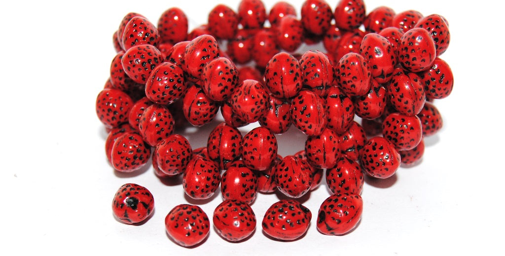 Strawberry Friut Pressed Glass Beads, Red 23202 (93190 23202), Glass, Czech Republic