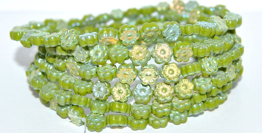 Hawaii Flower Pressed Glass Beads, Opaque Green Ab 2Xside (53400 Ab 2Xside), Glass, Czech Republic