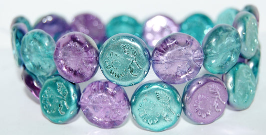 Round Flat With Flower Marguerite Pressed Glass Beads, 48223 (48223), Glass, Czech Republic