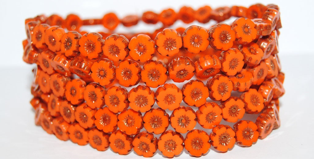 Table Cut Round Beads Hawaii Flowers, Deep Orange  Bronze (93140 14415), Glass, Czech Republic