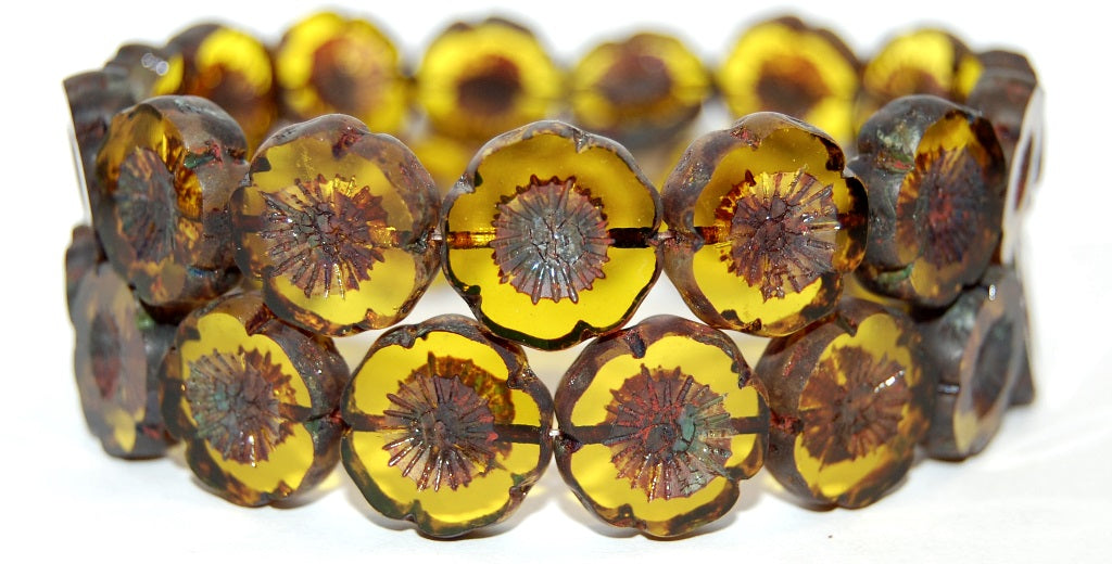 Table Cut Round Beads Hawaii Flowers, Transparent Yellow Travertin (80020 86800), Glass, Czech Republic