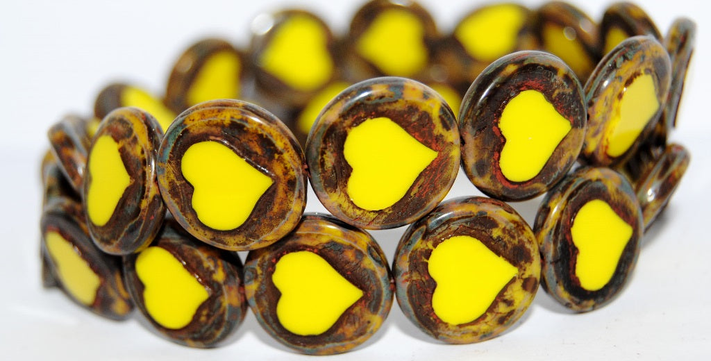 Table Cut Round Beads With Heart, Yellow Travertin (83120 86800), Glass, Czech Republic