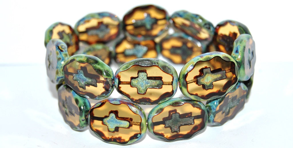 Table Cut Oval Beads With Cross, 10020B Travertin (10020B 86800), Glass, Czech Republic
