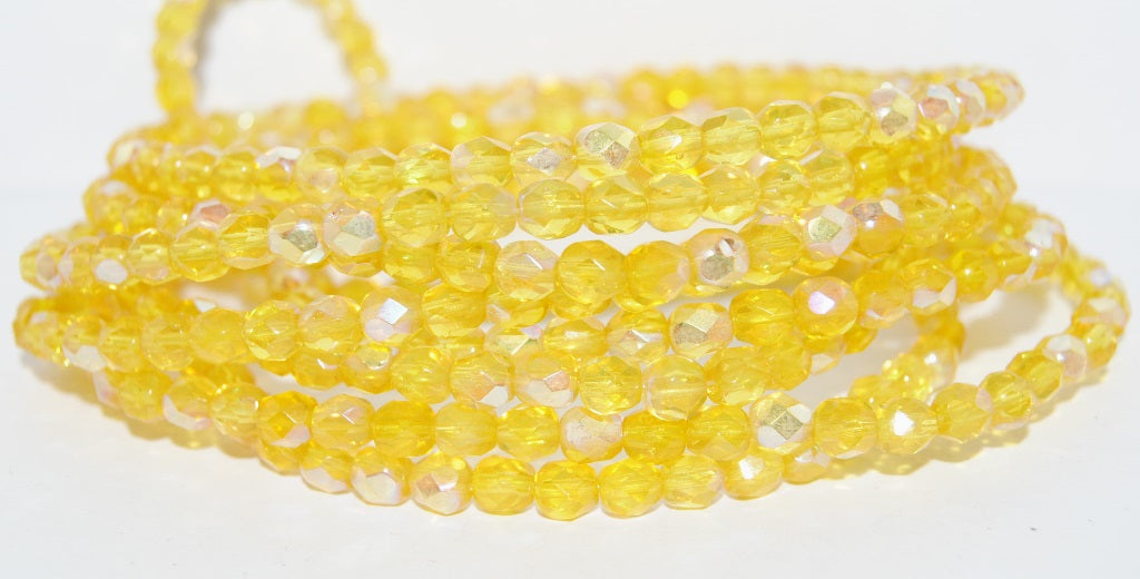 Fire Polished Round Faceted Beads, Transparent Yellow Ab (80030 Ab), Glass, Czech Republic