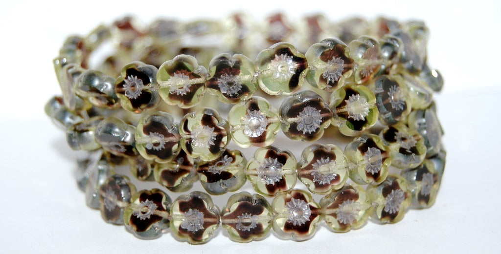 Table Cut Round Beads Hawaii Flowers, 27501 Luster Cream (27501 14401), Glass, Czech Republic