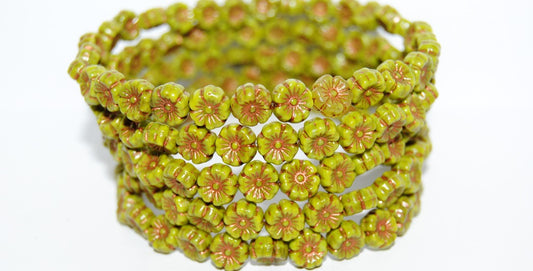 Hawaii Flower Pressed Glass Beads, Opaque Green 55307 (53400 55307), Glass, Czech Republic