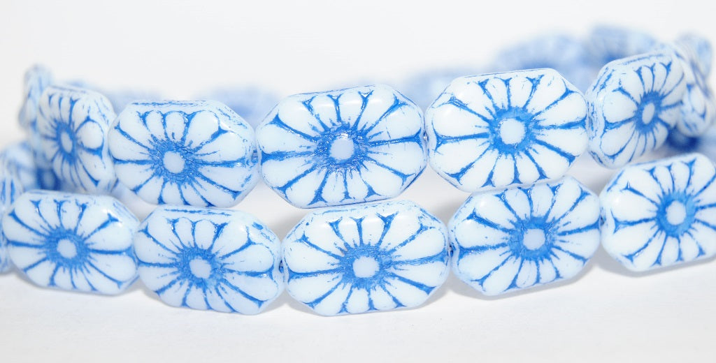 Rounded Rectangle With Flower Pressed Glass Beads, White 46430 (2010 46430), Glass, Czech Republic