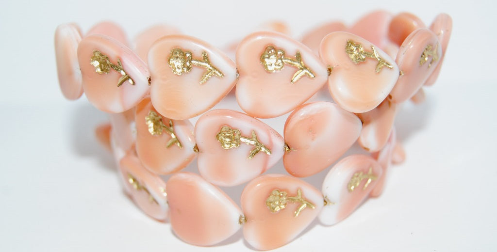 Heart Pressed Glass Beads With Flower, Pink 54202 (7724 54202), Glass, Czech Republic