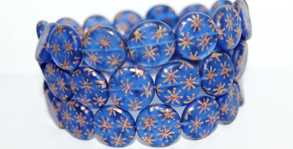 Flat Round Coin Pressed Glass Beads, Transparent Blue Flower Mat (30040 Flower Mat), Glass, Czech Republic