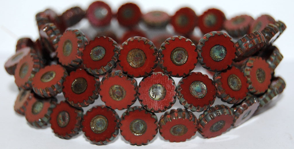 Table Cut Round Flower Beads Daisy, Opaque Brown Travertin (13610 86800), Glass, Czech Republic