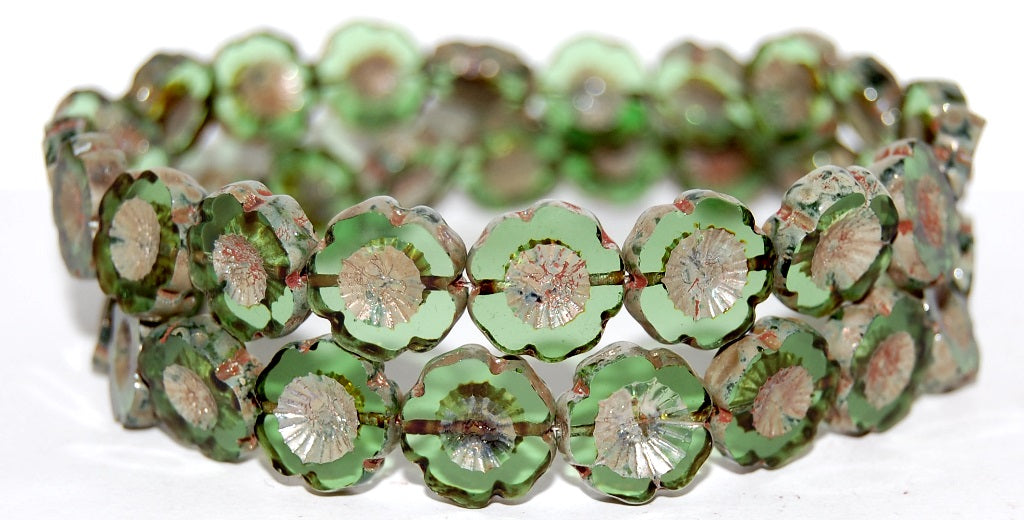 Table Cut Round Beads Hawaii Flowers, Transparent Green 43400 (50410 43400), Glass, Czech Republic