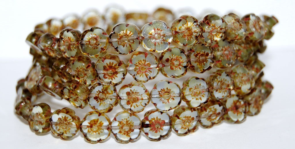 Table Cut Round Beads Hawaii Flowers, 87301 Travertin (87301 86800), Glass, Czech Republic