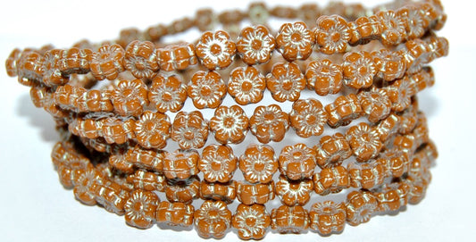 Hawaii Flower Pressed Glass Beads, Opaque Brown 43801 Metalic (13610 43801 Metalic), Glass, Czech Republic
