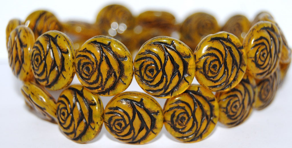 Round Flat Rose Flower Pressed Glass Beads, Opal Yellow 23202 (81210 23202), Glass, Czech Republic