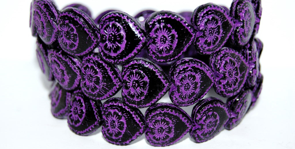 Heart With Flower Pressed Glass Beads, Black 46420 (23980 46420), Glass, Czech Republic
