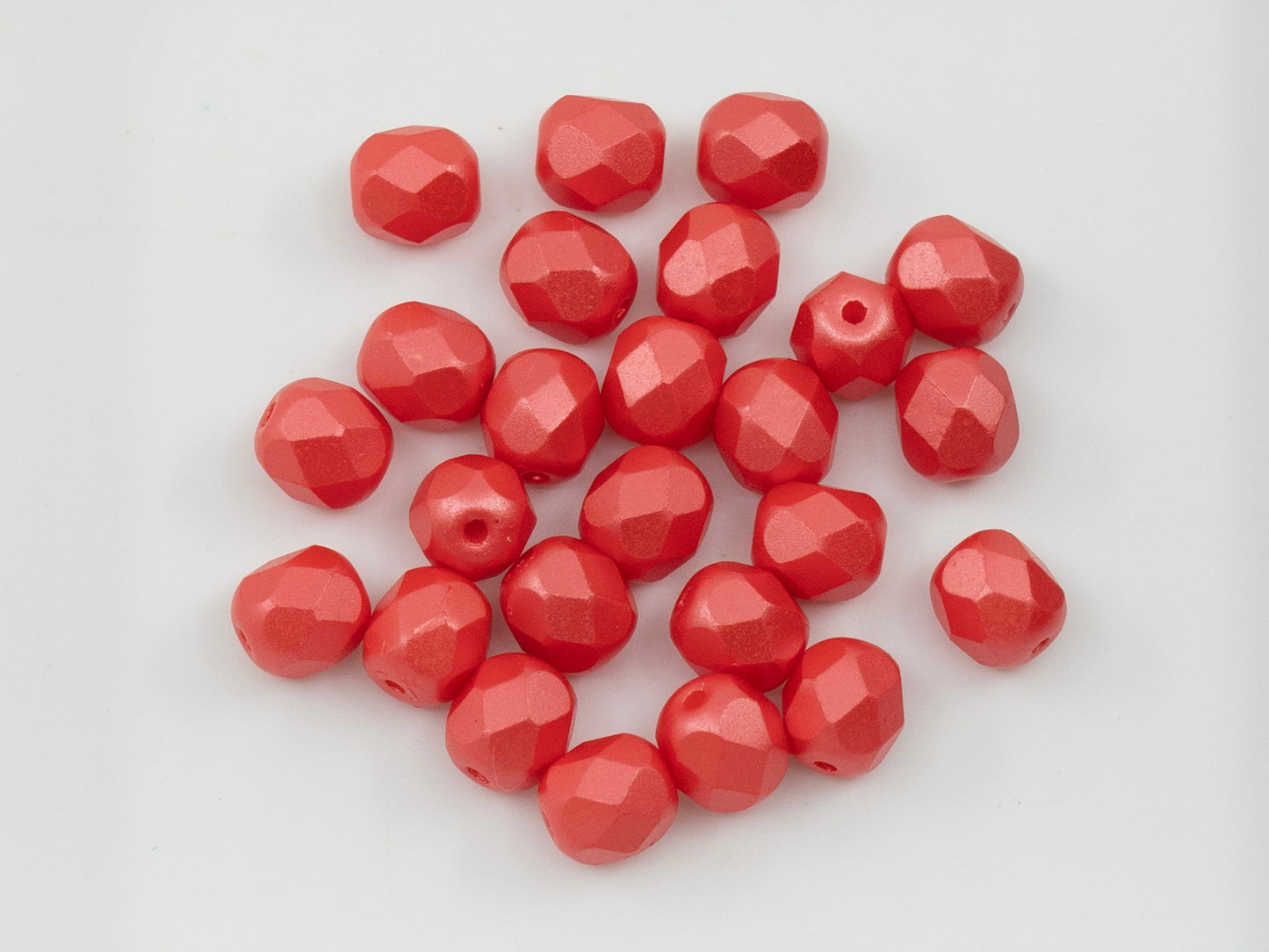 Facted Fire Polish Round Beads Pastel Red (25006), Glass, Czech Republic