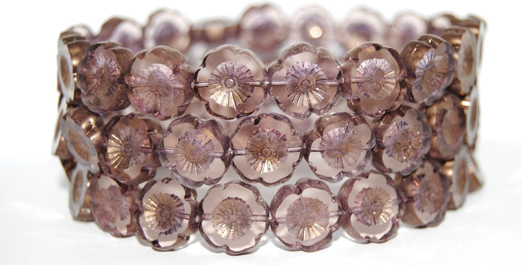 Table Cut Round Beads Hawaii Flowers, Transparent Pink Bronze (70110 14415), Glass, Czech Republic