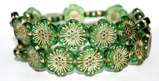 Flower Pressed Glass Beads, Emerald Green 54202 (50120 54202), Glass, Czech Republic