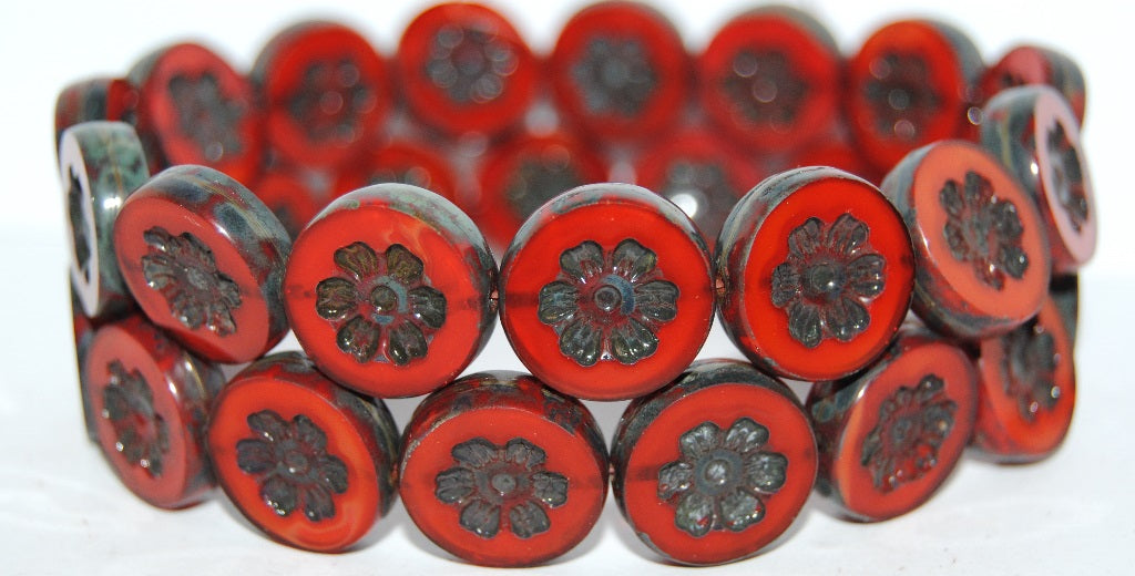 Table Cut Round Beads With Flower, Opal Orange Travertin (91220 86800), Glass, Czech Republic