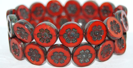 Table Cut Round Beads With Flower, Opal Orange Travertin (91220 86800), Glass, Czech Republic