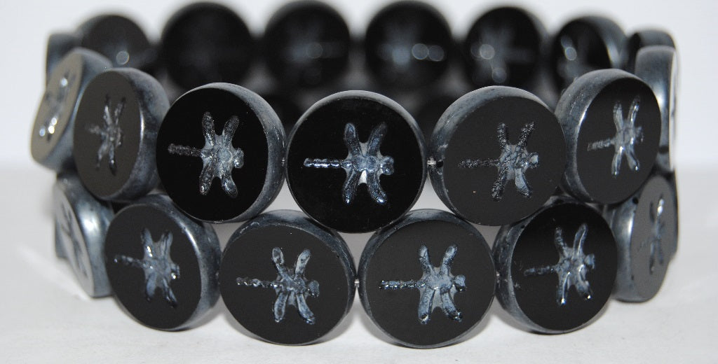 Table Cut Round Beads With Dragonfly, Black Luster Cream (23980 14401), Glass, Czech Republic