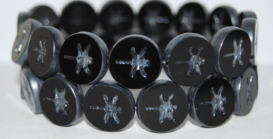Table Cut Round Beads With Dragonfly, Black Luster Cream (23980 14401), Glass, Czech Republic