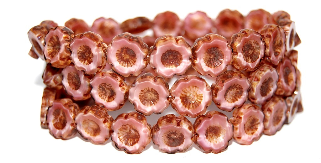 Table Cut Round Beads Hawaii Flowers, Opaque Pink Travertin (74020 86800), Glass, Czech Republic