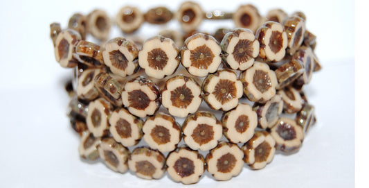Table Cut Round Beads Hawaii Flowers, Beige 43400 (13020 43400), Glass, Czech Republic