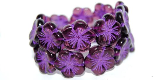 Round Flower Hibiskus Pressed Glass Beads, Transparent Amethyst 46420 (20080 46420), Glass, Czech Republic