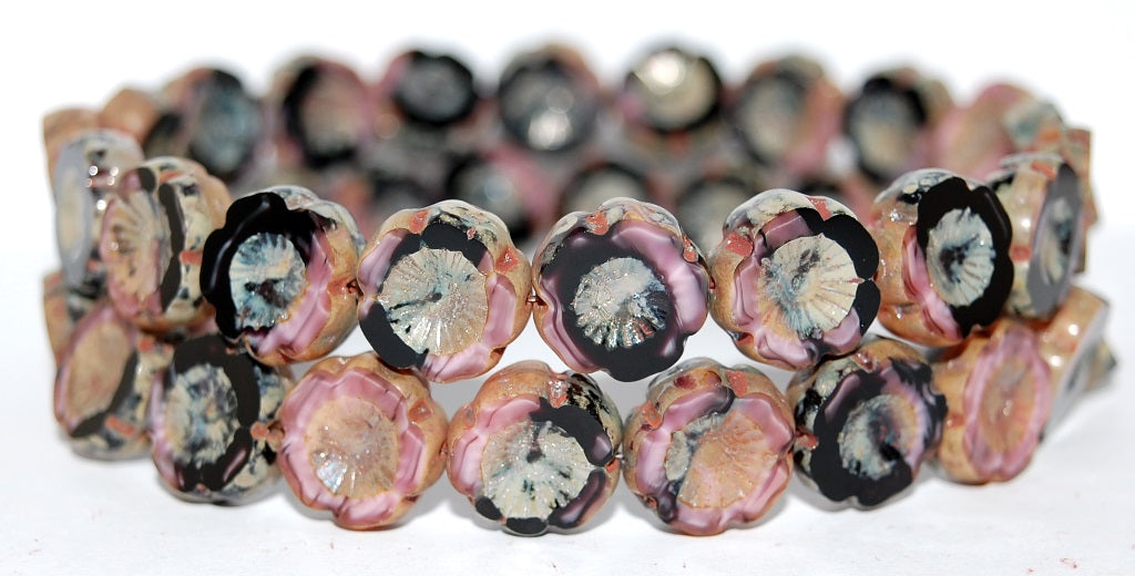 Table Cut Round Beads Hawaii Flowers, (Mixpink Black 43400), Glass, Czech Republic
