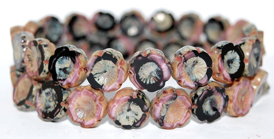 Table Cut Round Beads Hawaii Flowers, (Mixpink Black 43400), Glass, Czech Republic